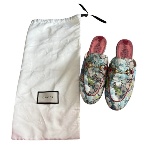 GUCCI Supreme Monogram Blooms Princetown Slippers 40 Beige Blue Navy Hibiscus - Picture 15 of 16